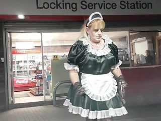 Sissy french maid in the petrol station