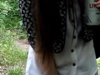 Skinny Brunette Full Bladder Pee Desperation and Pushing Her Pussy to Stop Her Pee in the Forest