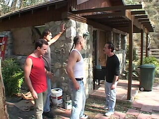 Curvy ebony babe runs into a group of white horny studs 