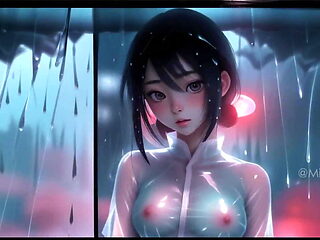 Cute Topless Japanese Girls Under the Rain