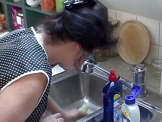 Old shriveled cleaning lady fucked on the stove