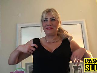 Big tits blonde MILF in stocking masturbates while sucking