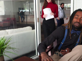 Attractive brunette enjoys riding fat cock at office