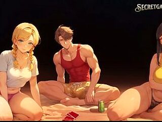 Two super horny anime wives expose their juicy asses and big boobs in this
