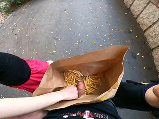Public double handjob in the fries bag... I'm jerkin'it! 