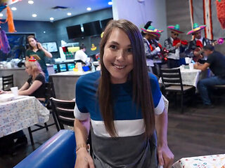 Cute brunette sneaks away in the bathroom to get fucked