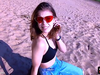 Russian slut's cum walk after standing fuck on the beach