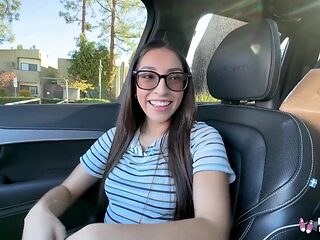 Brunette teen with big booty gives sloppy blowjobs in the park