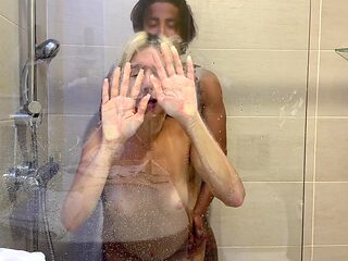 Skinny blonde teen takes a hard fuck in the shower