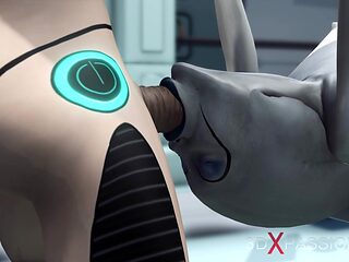 Alien lesbian sex in sci-fi lab. Female android plays with an alien
