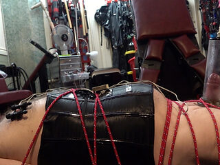 Bondage, Nipple E-stim, Penis Pump and Sounding on the Coffin Bondage Board