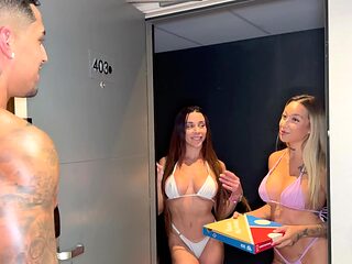 Two horny ladies invite a delivery guy to their bed