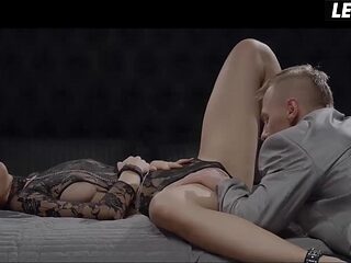 European babe kneels for sloppy blowjob in black lace bodysuit