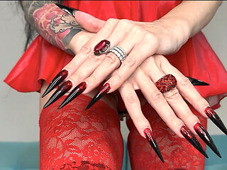 Hot Black Color Long Nails, Sharp Claws, Red Lingerie, Stockings and Tearing My Black Stockings with My Nails