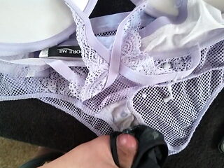 Wrapped jerk off and cum in MILF's dirty bra and panties 