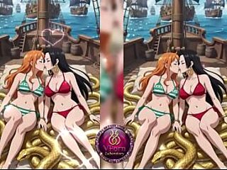 Lesbian babes share horny kiss in anime land