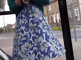 green open fronted dress windy upskirt nylons