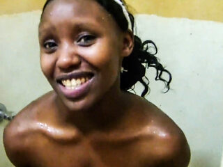 Ebony babe smiles before hardcore pounding in hotel bathroom