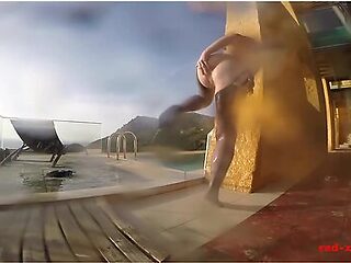 Sexy Mature Red Xxx Masturbates Outside By The Pool