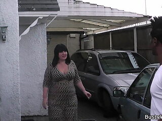 Busty working woman swallows his huge black dick