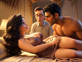 A Muslim man and a Jewish wife, with her cuckold  Christian husband watching her being fucked.