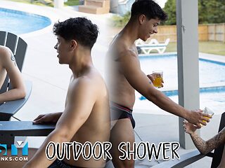 NastyTwinks - Outdoor Shower - Jay Angelo takes a shower outside when Jordan Haze Checks in on Him and Fun Ensues