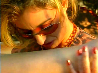 Vintage lesbians pussy licking dildo penetrated the swimming pool