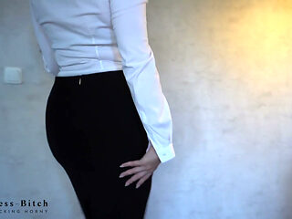 Business slut strip and dildo wall ride