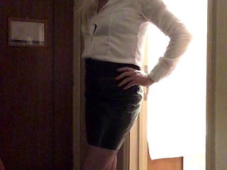 Office Candi - leather skirt, satin blouse