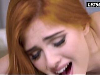 Curvy redheaded babe gags on cock in kitchen doggy style