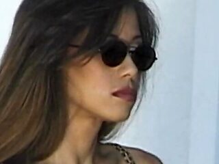 Rich guy fucks hot brunette doggy style poolside