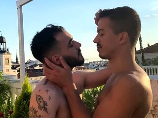Outdoors gay hunks blow each other