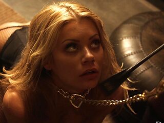 Two sexy blondies, riley and kayden, in a hot femdom corset scene.