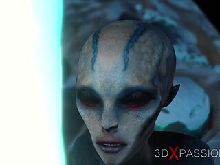 Alien sex. Spacewoman in spacesuit plays with alien on the exoplanet