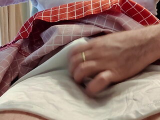 Jerking off in nylon panties while wearing my wife's dress
