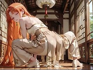 Orange-haired geisha girl gets wet in sun-drenched room