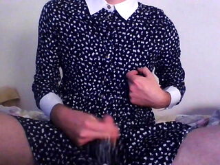 Secretary crossdresser sexy in blue shirt dress