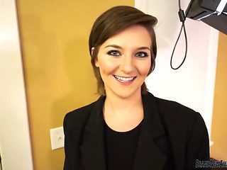 Big boobs teen strips and fingers her pussy on casting couch