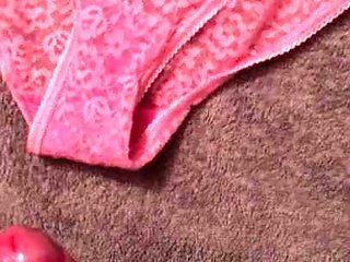 Massive cumshot over wife's pink panties