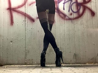 Crossdresser outdoor milk enema with surprise at the end