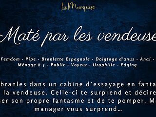 French audio porn Caught in the middle of a handjob, the saleswomen fuck you in the fitting room