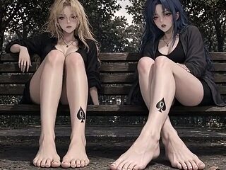 Queen of Spades gets footjob from her cute anime boyfriend while showing