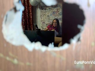 Husband catches his young wife working on sex cam and doing an anal show