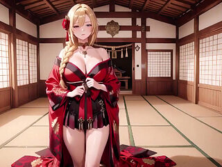 Private Shrine Encounter, Lazy Seduction on Tatami, Revealing Full Bust Under the Open-shoulder Red Dress.