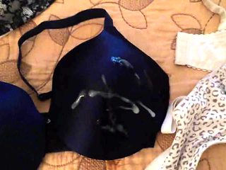 Stroking with wife bra and panties 