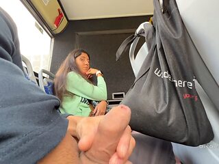 Katty West gives a public bus blowjob, milking and gargling a stranger's beef whistle!