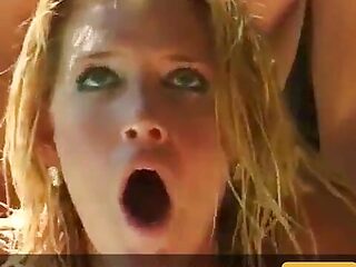 Lucky stud gets his cock rode by hot blonde babe poolside