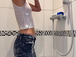 Clothed Shower: Skinny Asian Wet Look in Wet Jeans & Wet Top - Solo Shower Show & Wet Body Admiration