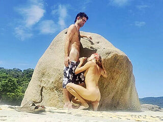 Skinny Brunette Magia Rosa Hides on Rio Beach for Outdoor Blowjob & Sex with Huge Cock