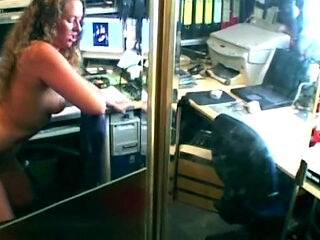 Curly Brunette Rides Hard on Office Chair